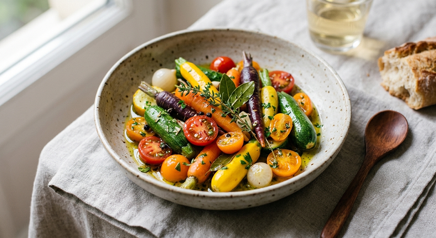 Mini-légumes marinés à l'huile d'olive et aux aromates