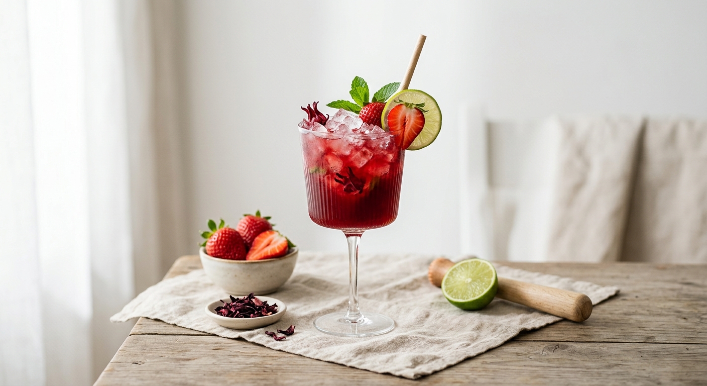 Mocktail Coco Fraîcheur Bjorg, fraises et hibiscus
