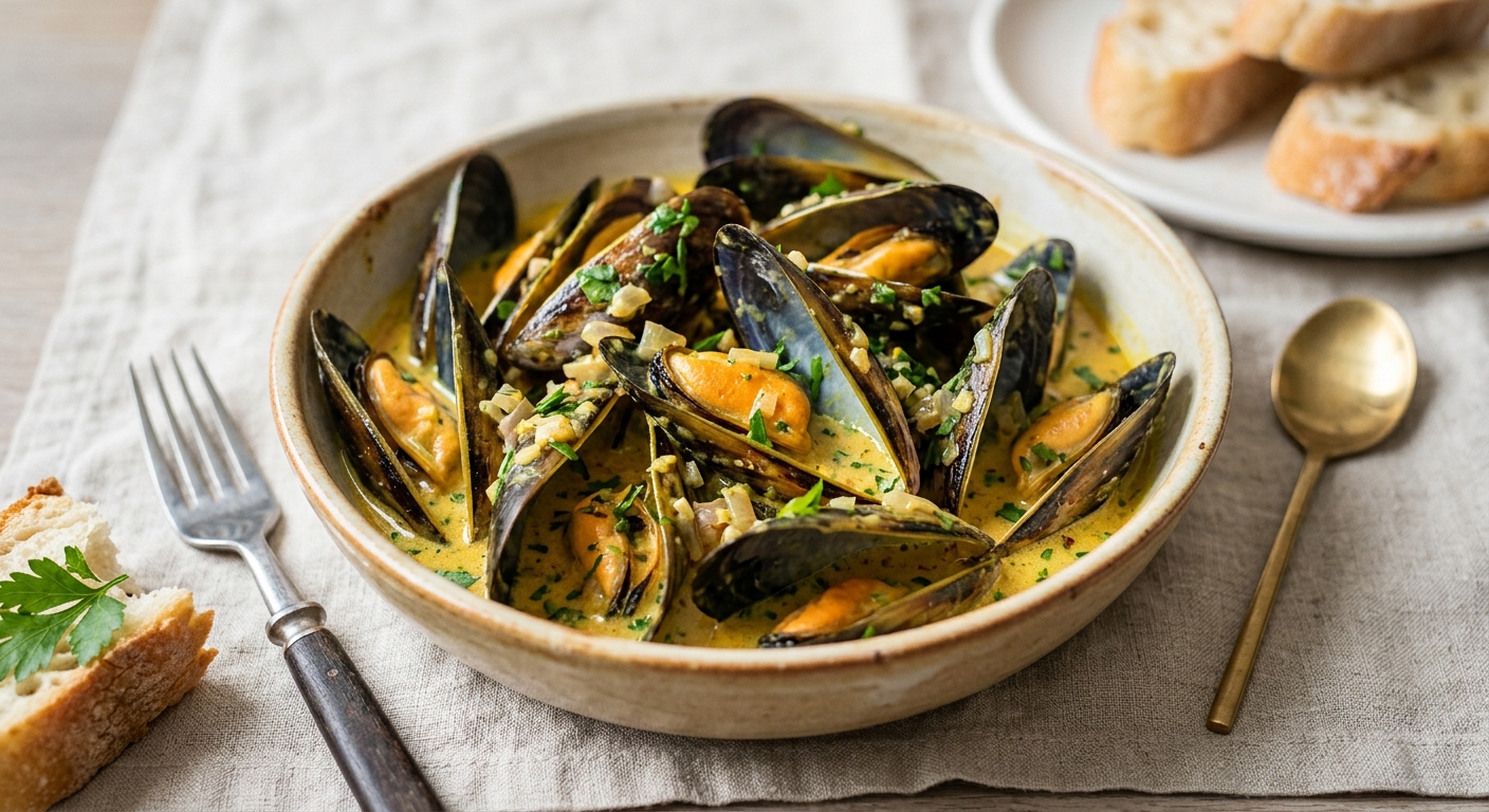Moules à la crème et au vin blanc sauce curry