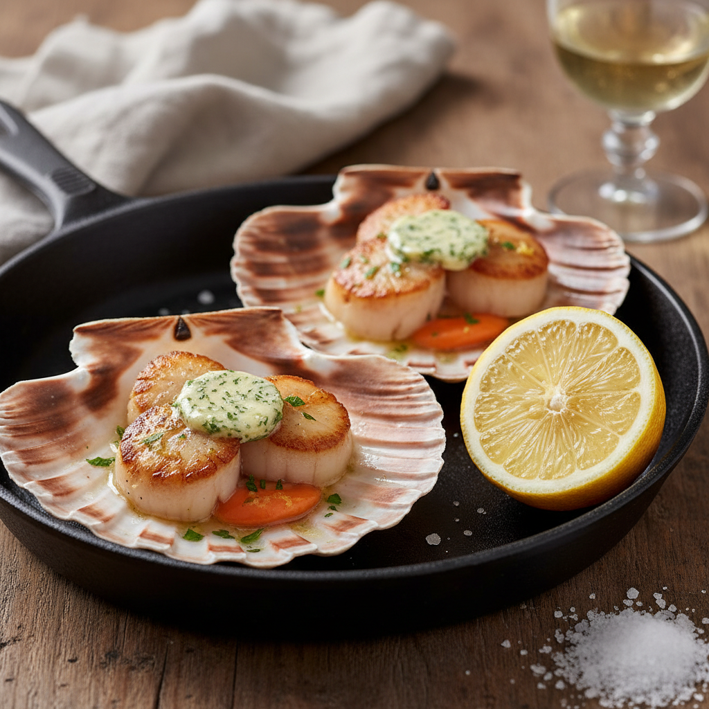 Noix de Saint-Jacques en coquille, beurre maître d’hôtel