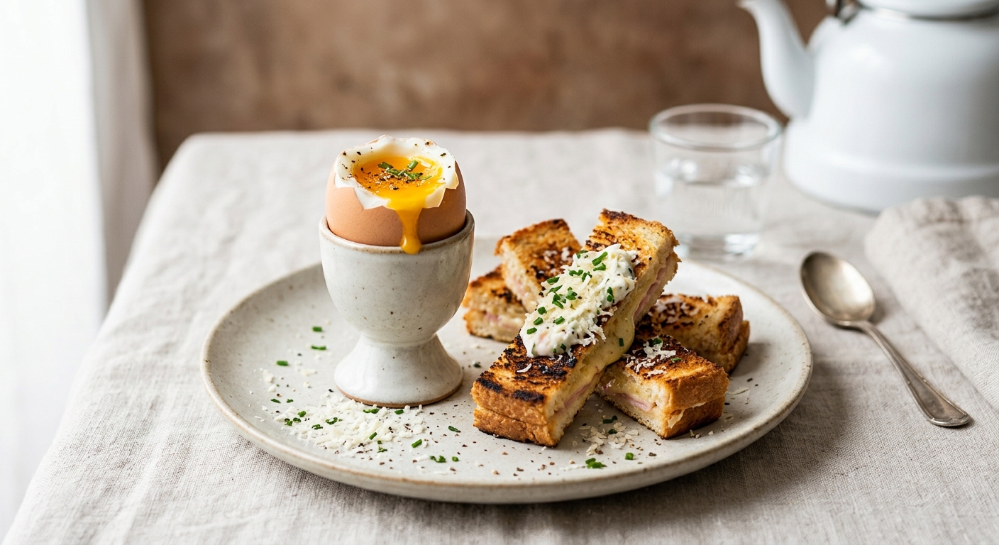 Oeuf à la coque cuisson bouilloire et mouillettes croque monsieur au fer à repasser