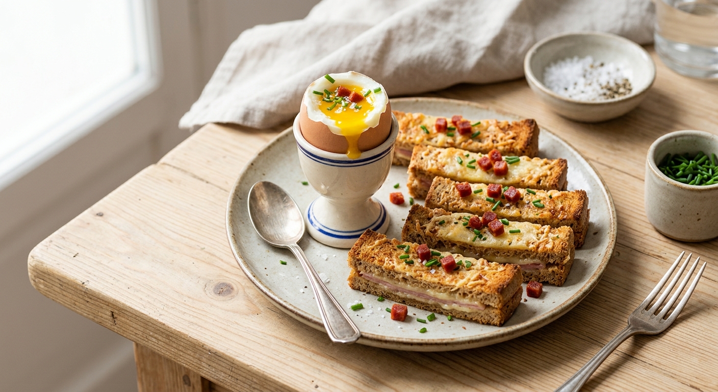 Oeuf à la coque et mouillettes de croque-madame