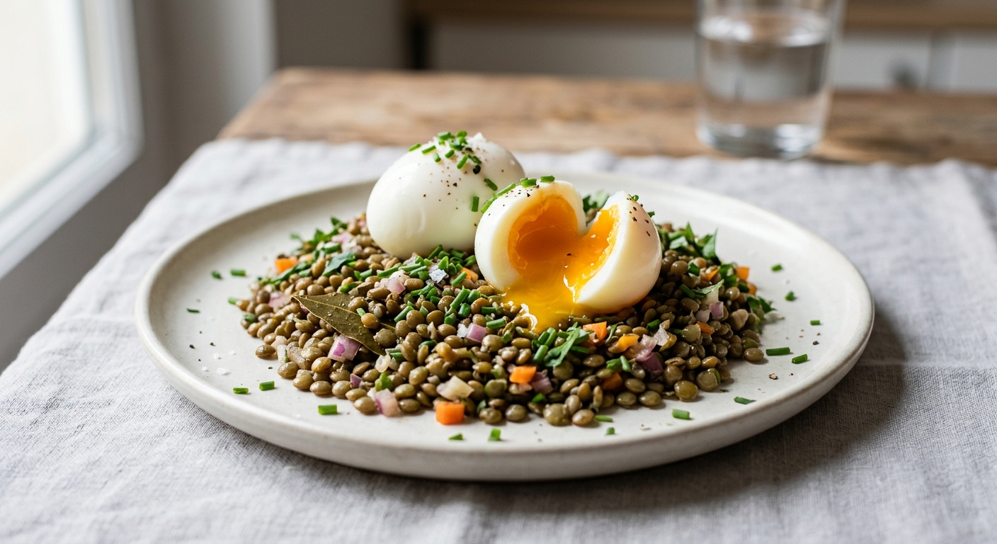Oeufs mollets sur lit de lentilles en salade