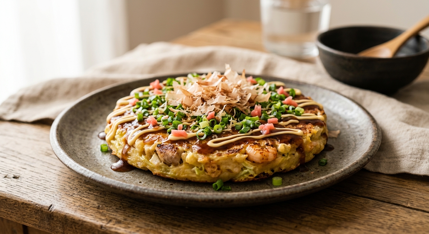 Okonomiyaki au poulet et crevettes