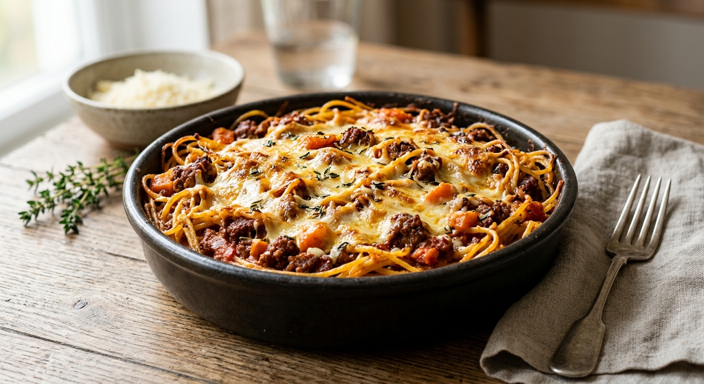 One pot pasta au four, façon spaghetti bolognaise : le mode de cuisson le plus savoureux pour des pâtes