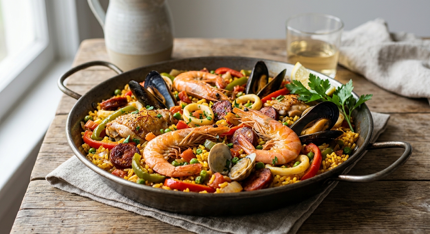 Paëlla fruits de mer, chorizo et poulet de Patou