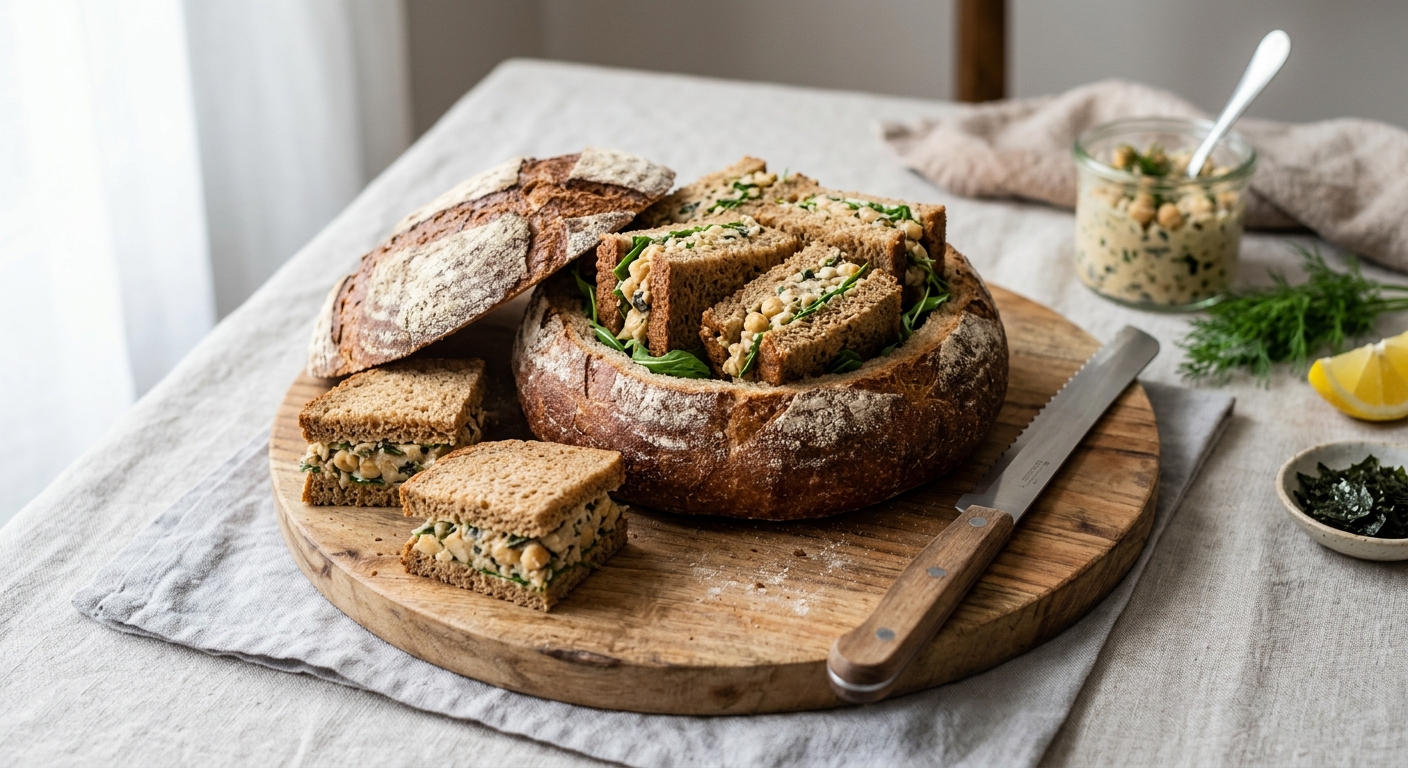 Pain surprise vegan au faux-thon : comment faire la découpe du pain maison