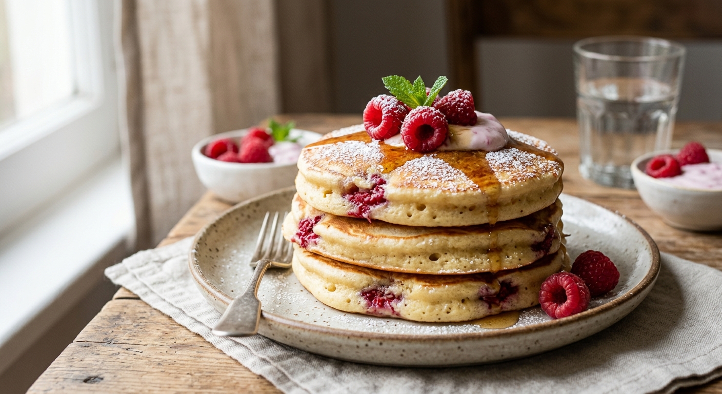 Pancakes moelleux / fluffy aux framboises (avec des yaourts passés de date)