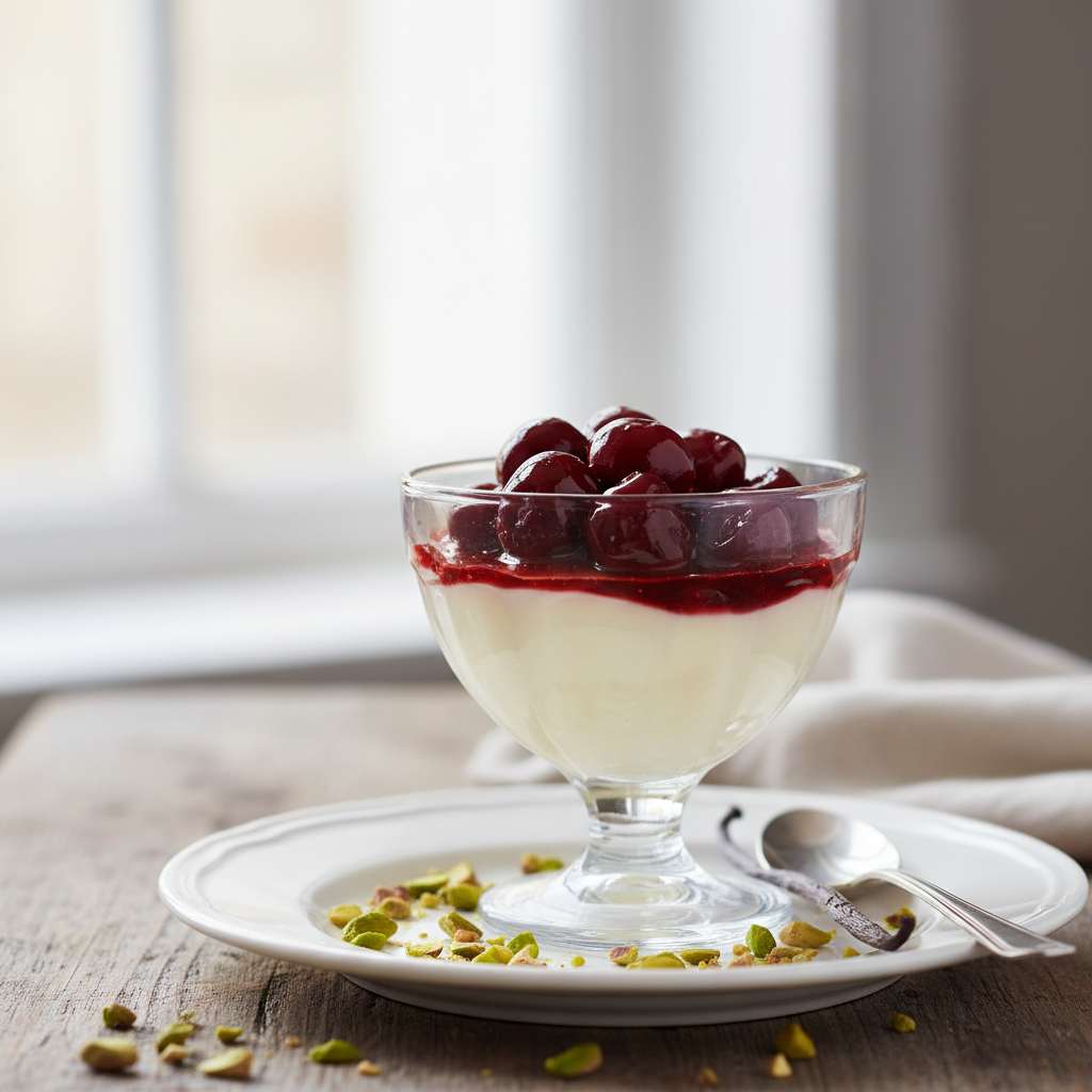 Panna cotta à la vanille et aux cerises amarena