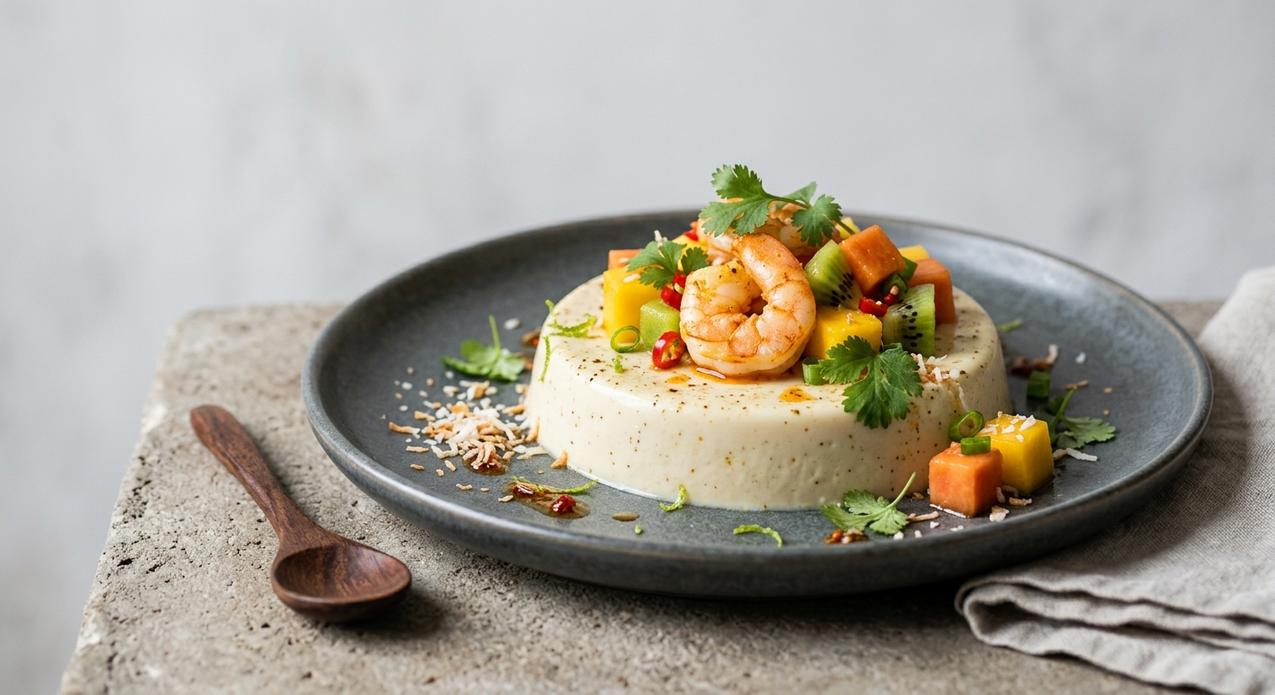 Panna cotta salée, lait de coco, fruits exotiques, épices et crevettes