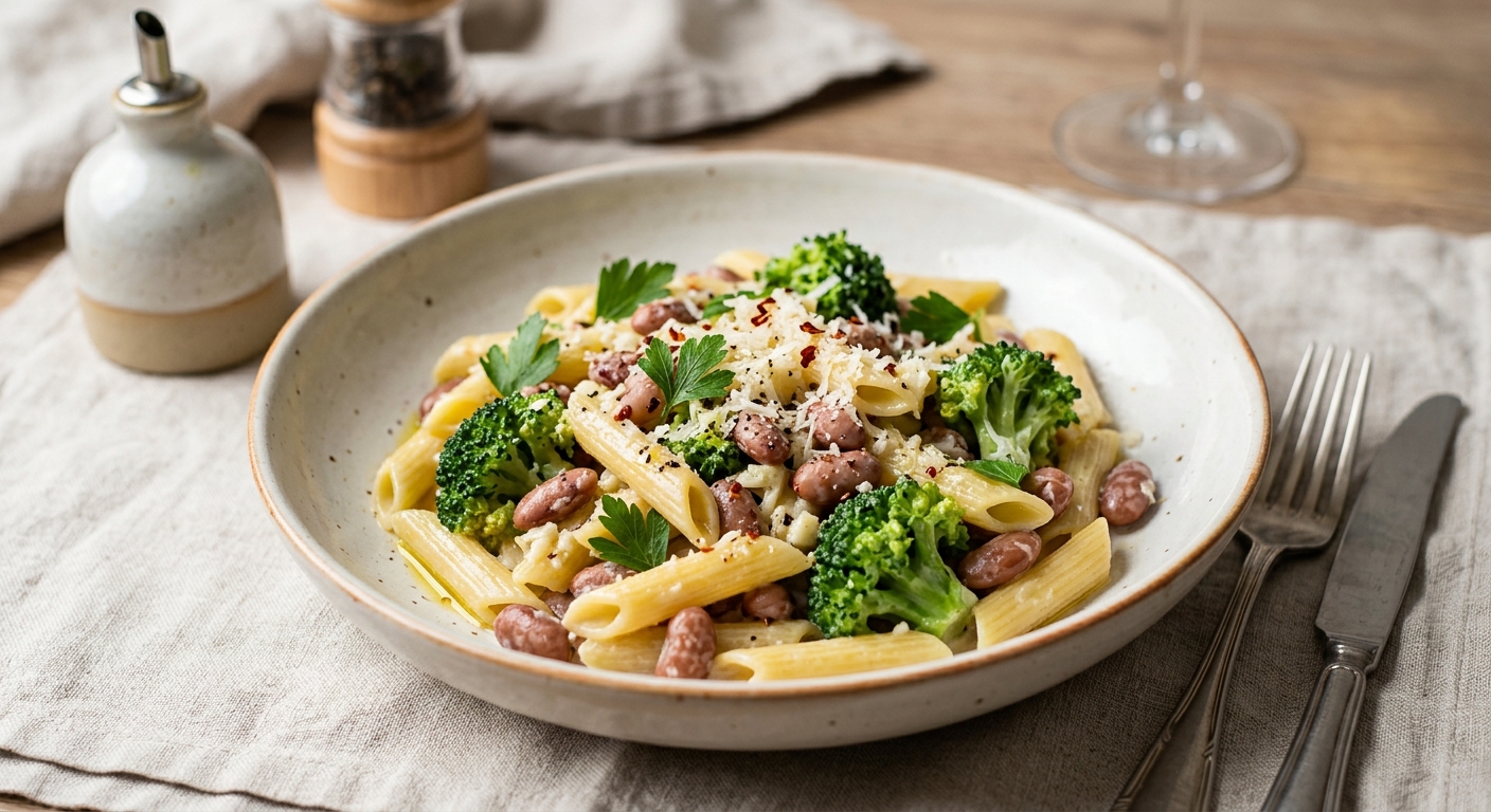 Pasta con broccoli e fagioli borlotti (pâtes au brocolis et haricots borlotti)