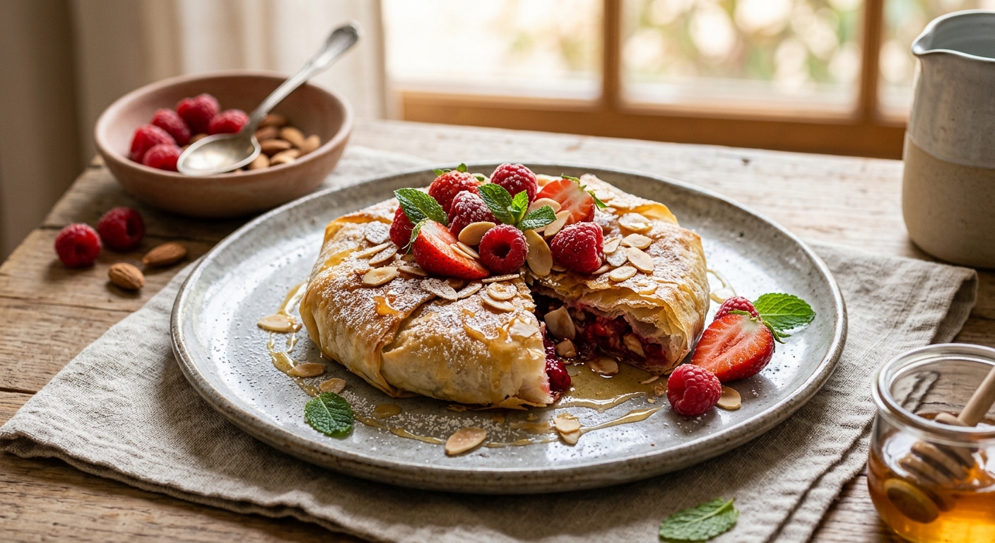 Pastilla aux fraises, framboises, amandes et miel