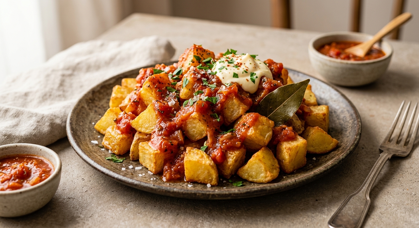 Patatas bravas (pommes de terre frites à la sauce tomate épicée)