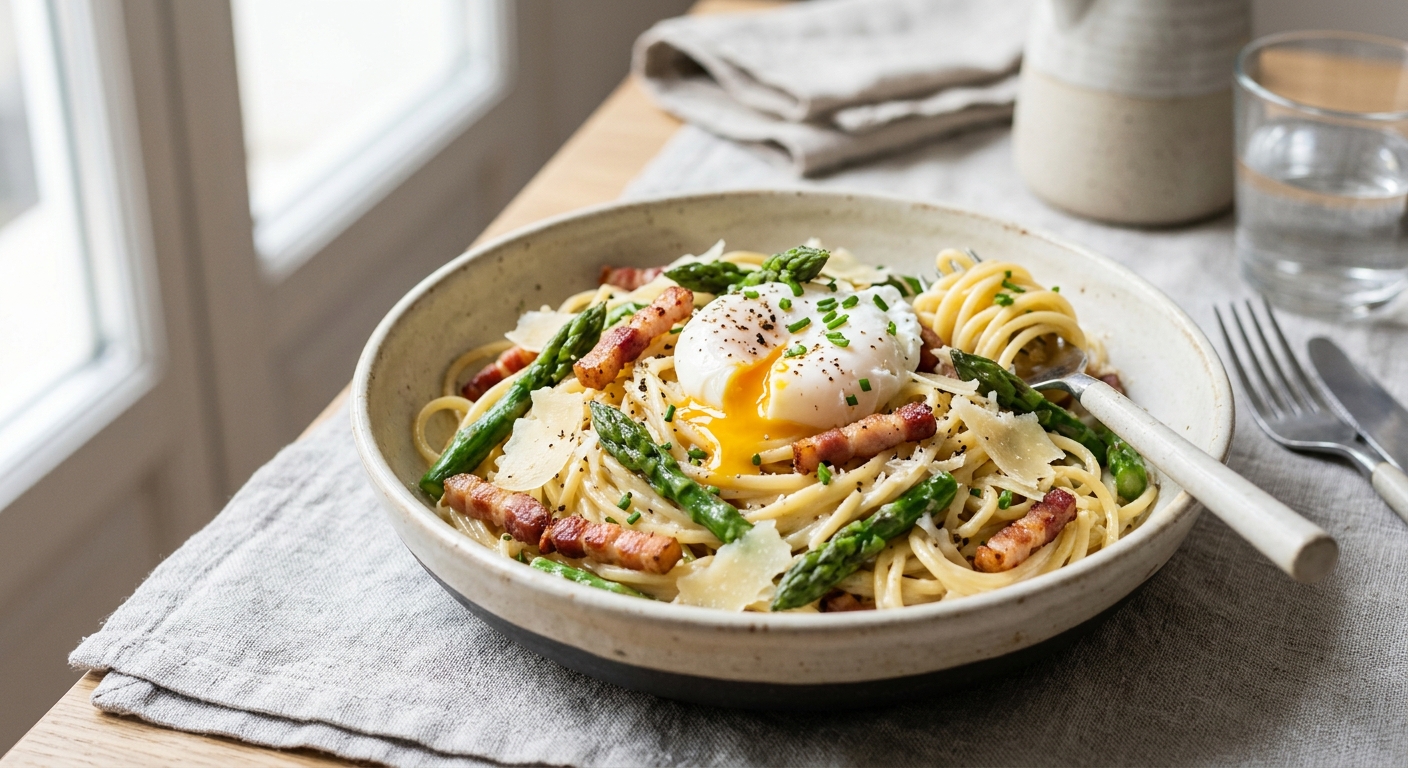 Pâtes aux asperges, lard fumé, oeuf et parmesan
