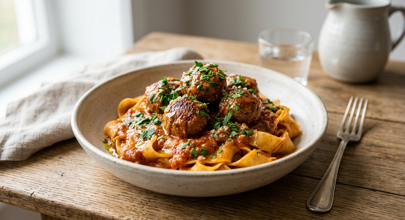 Pâtes aux boulettes de viande sauce paprika
