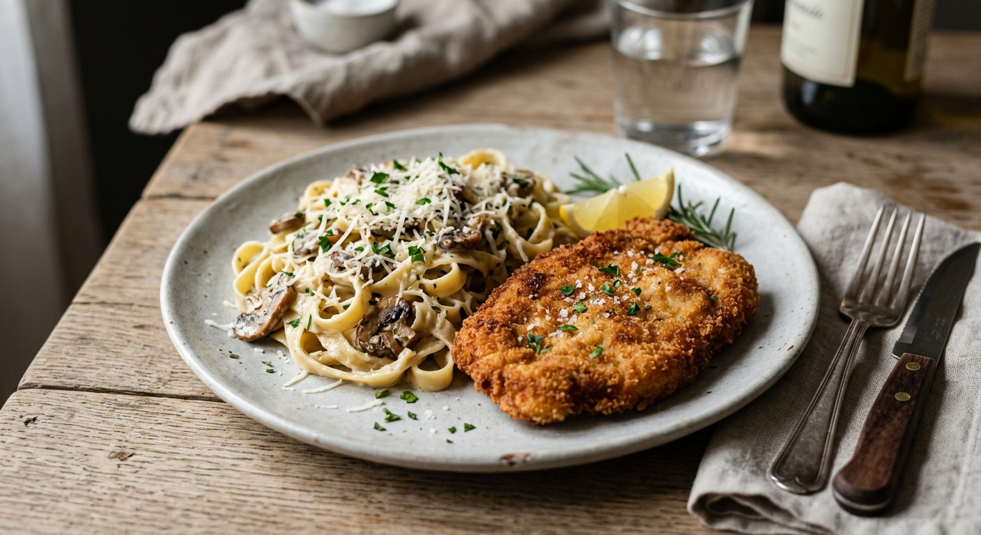 Pâtes aux champignons & escalope milanaise