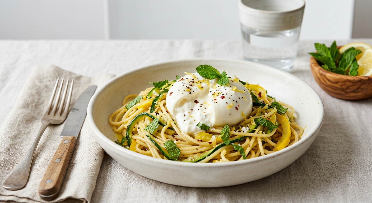 Pâtes aux courgettes, menthe, citron et burrata