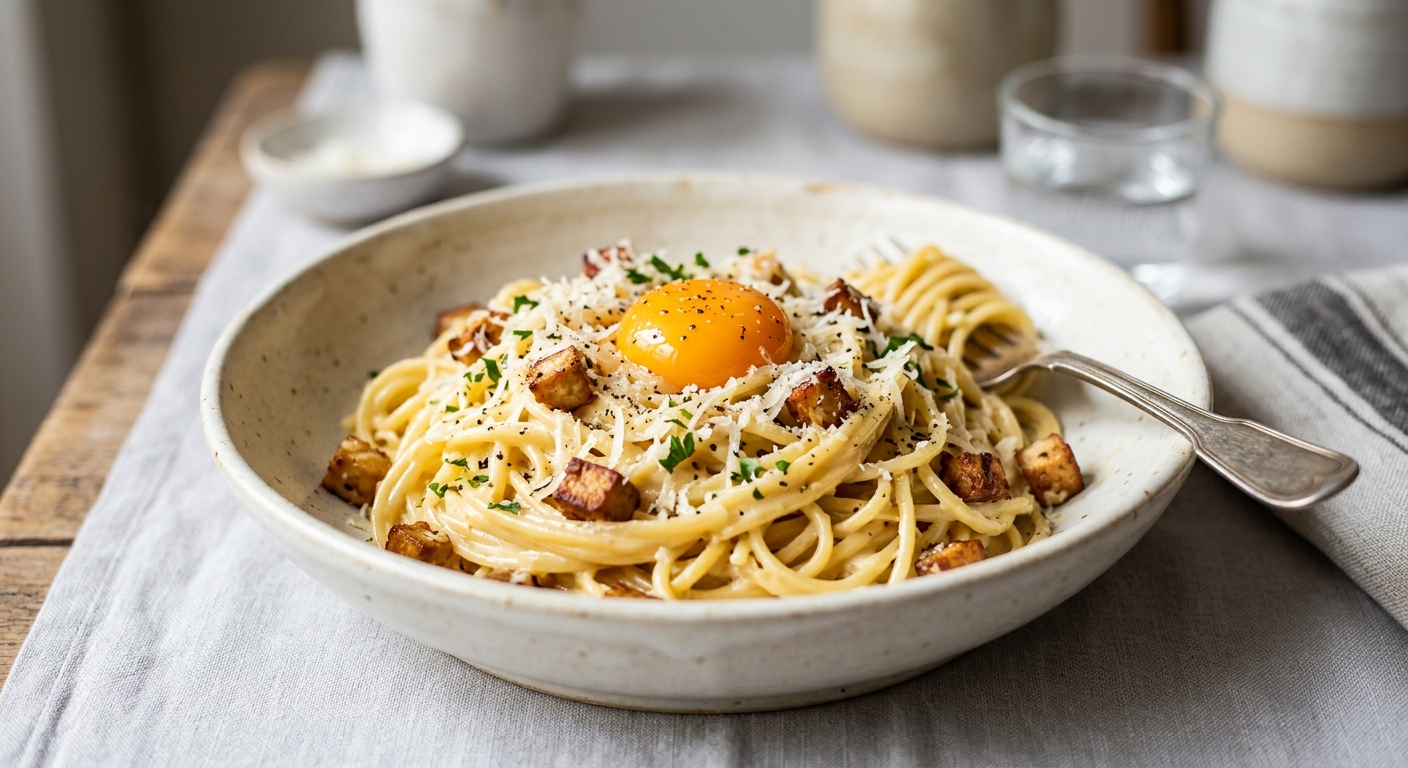 Pâtes carbonara végétariennes (adaptation Cyril Lignac)