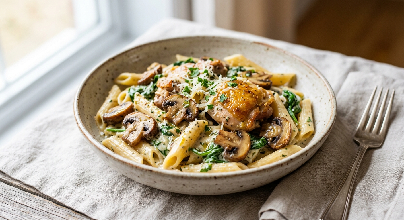 Pâtes crémeuses au poulet, champignons & épinards