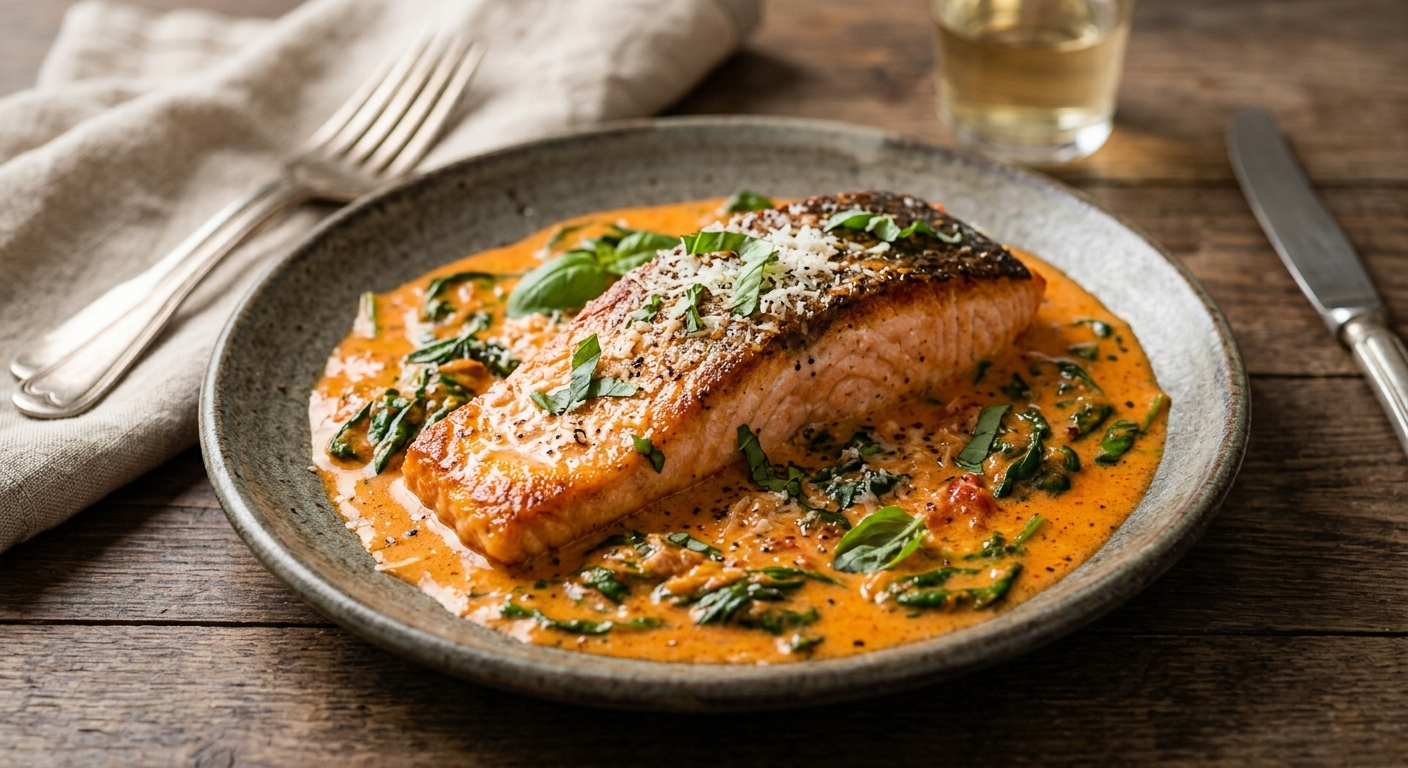 Pavés de saumon à la toscane (sauce tomates et parmesan)