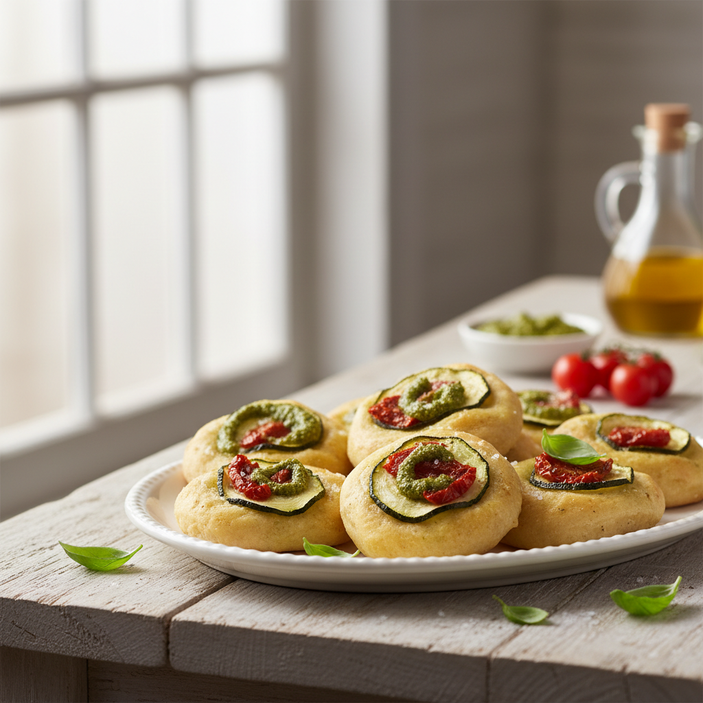 Petites fougasses aux courgettes et aux tomates confites