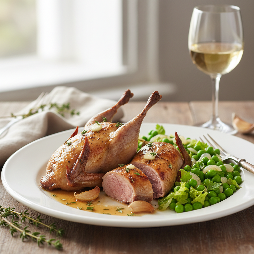 Pigeonneaux au four, petits pois à la française