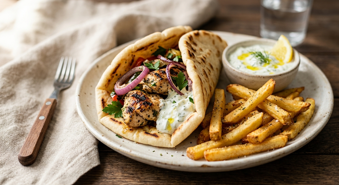 Pita poulet grillé, tzatziki & frites