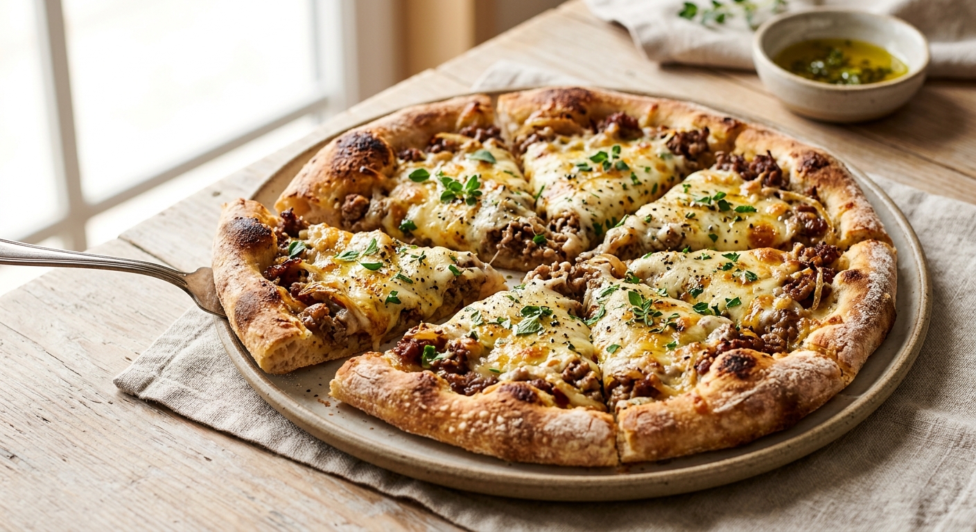 Pizza à la viande hâchée et au fromage aux herbes