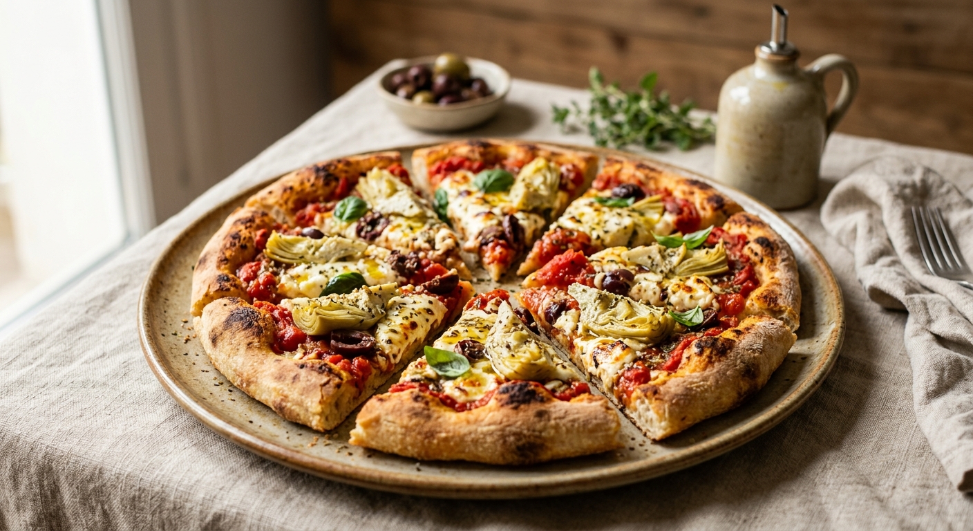 Pizza grecque façon Saganaki (coeurs d'artichaut, tomates et féta)