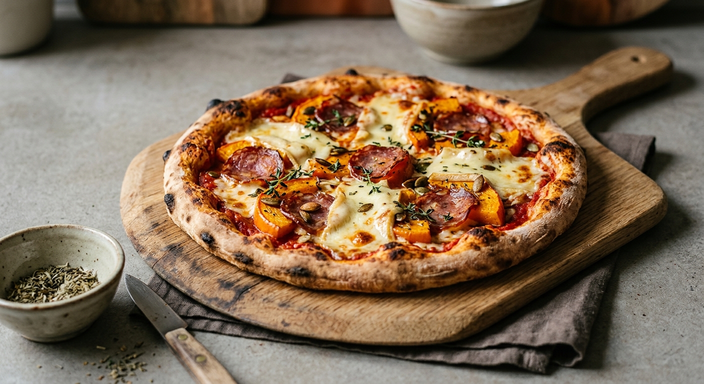 Pizza saucisson, raclette et potiron