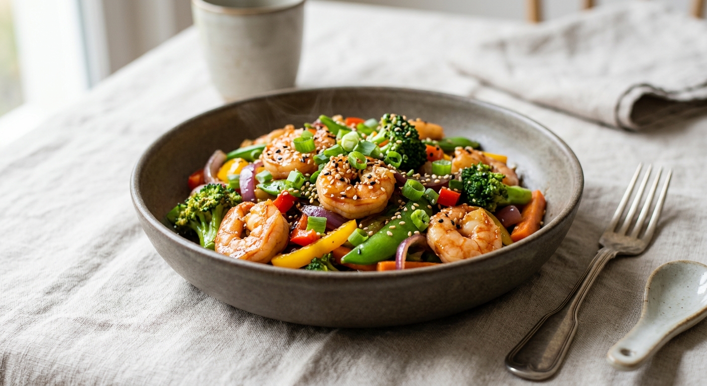 Poêlée de crevettes & légumes express