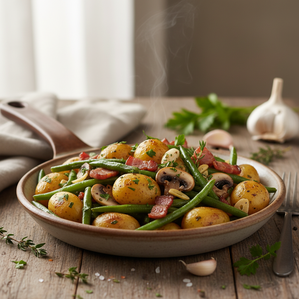 Poêlée de haricots verts, pommes de terre & lardons