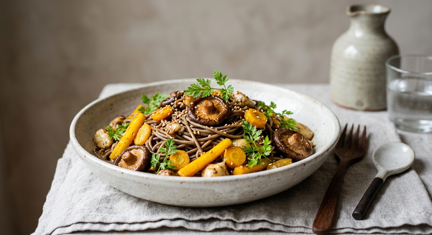 Poêlée de nouilles soba aux shiitakés, carottes jaunes et cerfeuils tubéreux