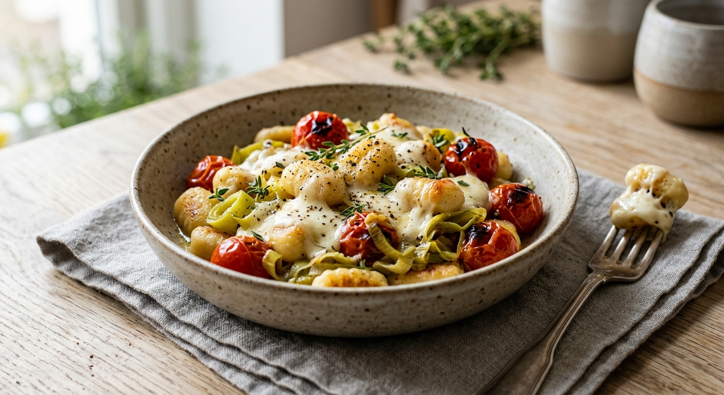 Poêlée de poireaux tomates gnocchi et mozzarella