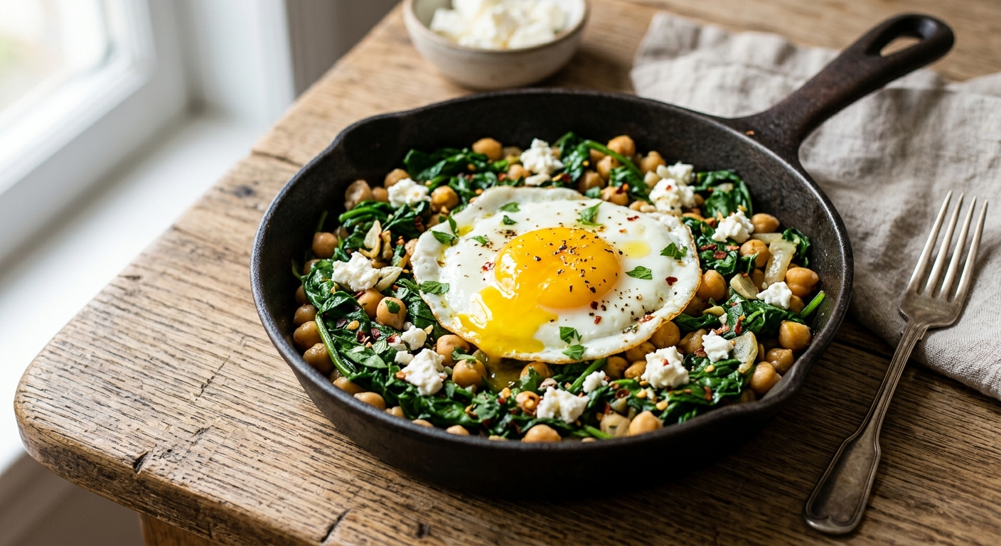 Poêlée pois chiches, épinards & oeuf