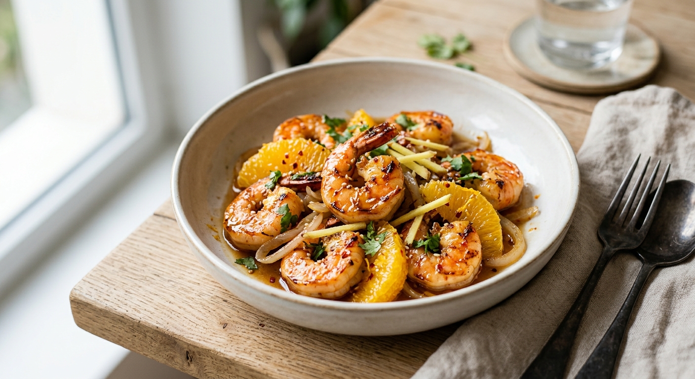 Poêlées de gambas au miel, gingembre frais et oranges