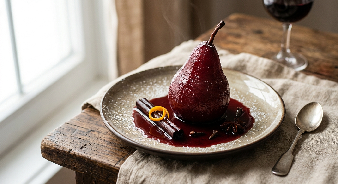 Poire pochée au vin rouge