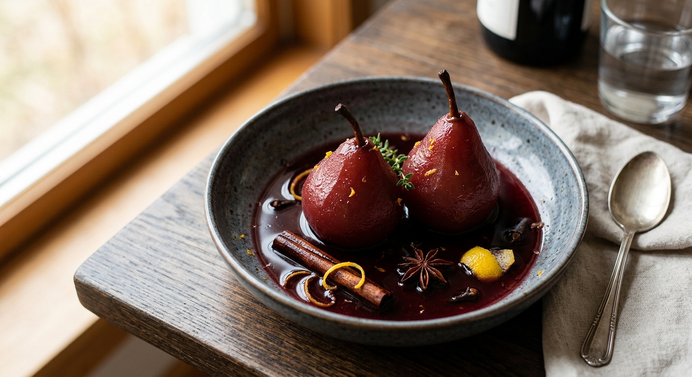 Poires pochées au vin