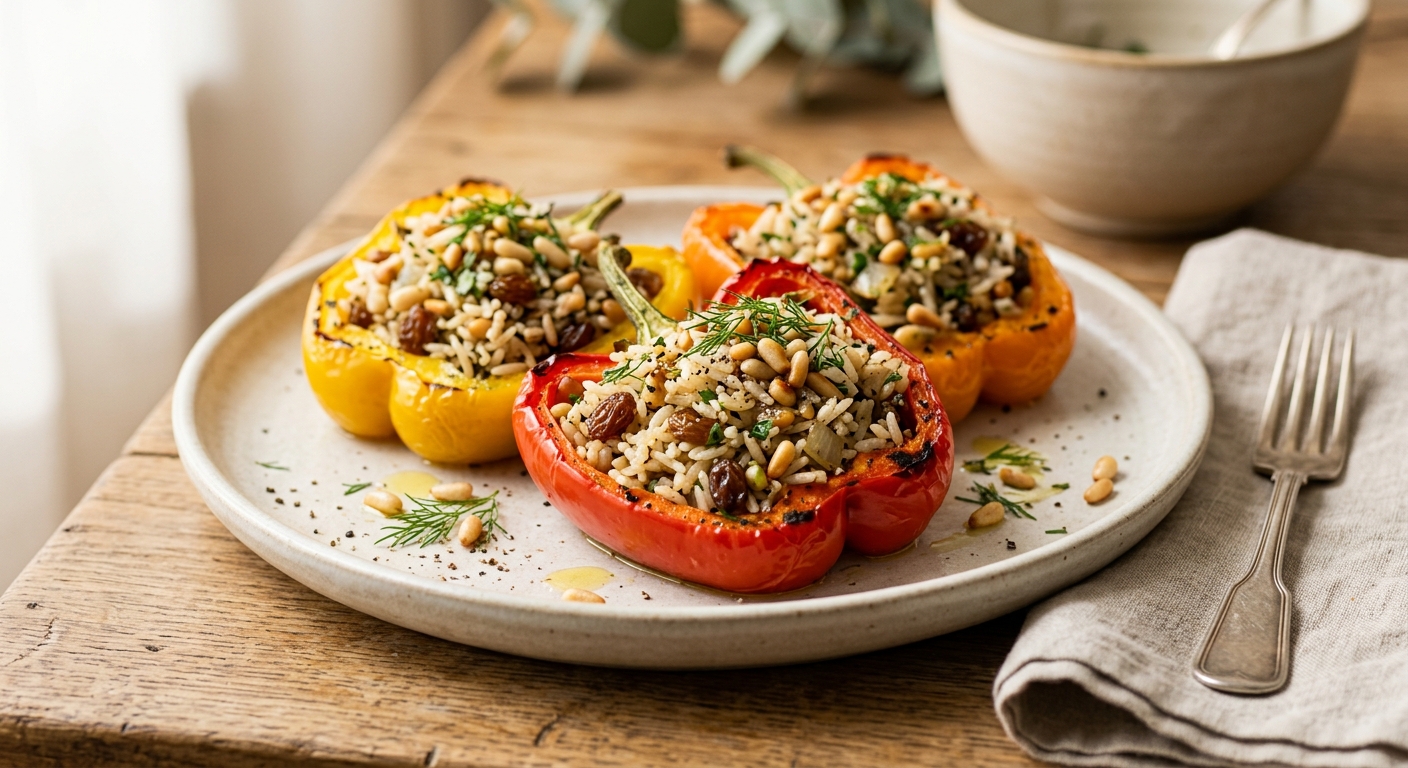 Poivrons farcis au riz, pignons et raisins secs