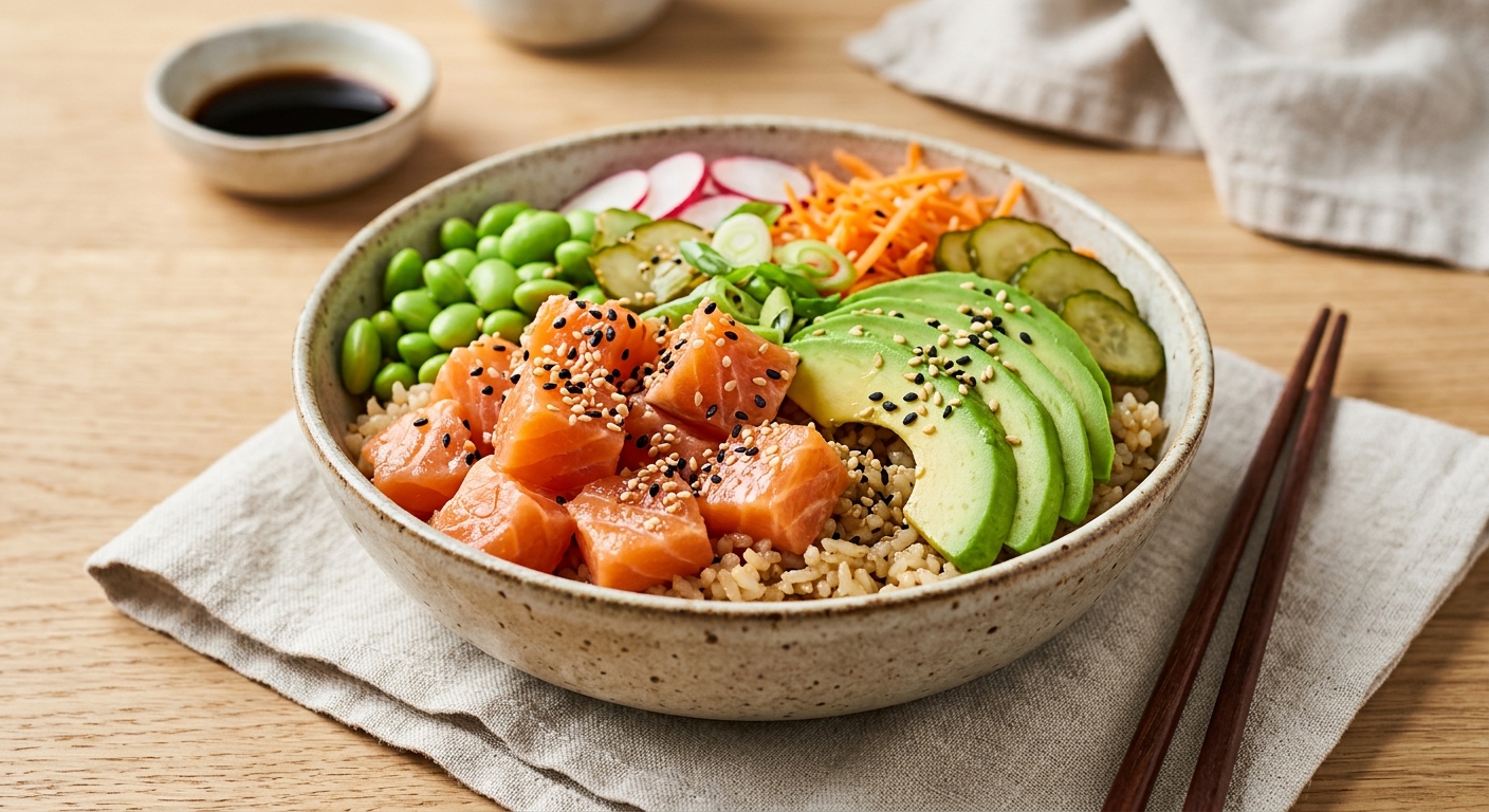 Poke bowl au saumon, avocat et riz