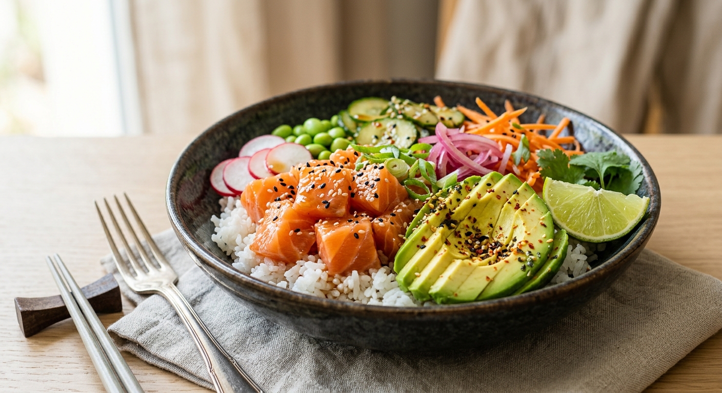 Poke bowl au saumon avocat riz
