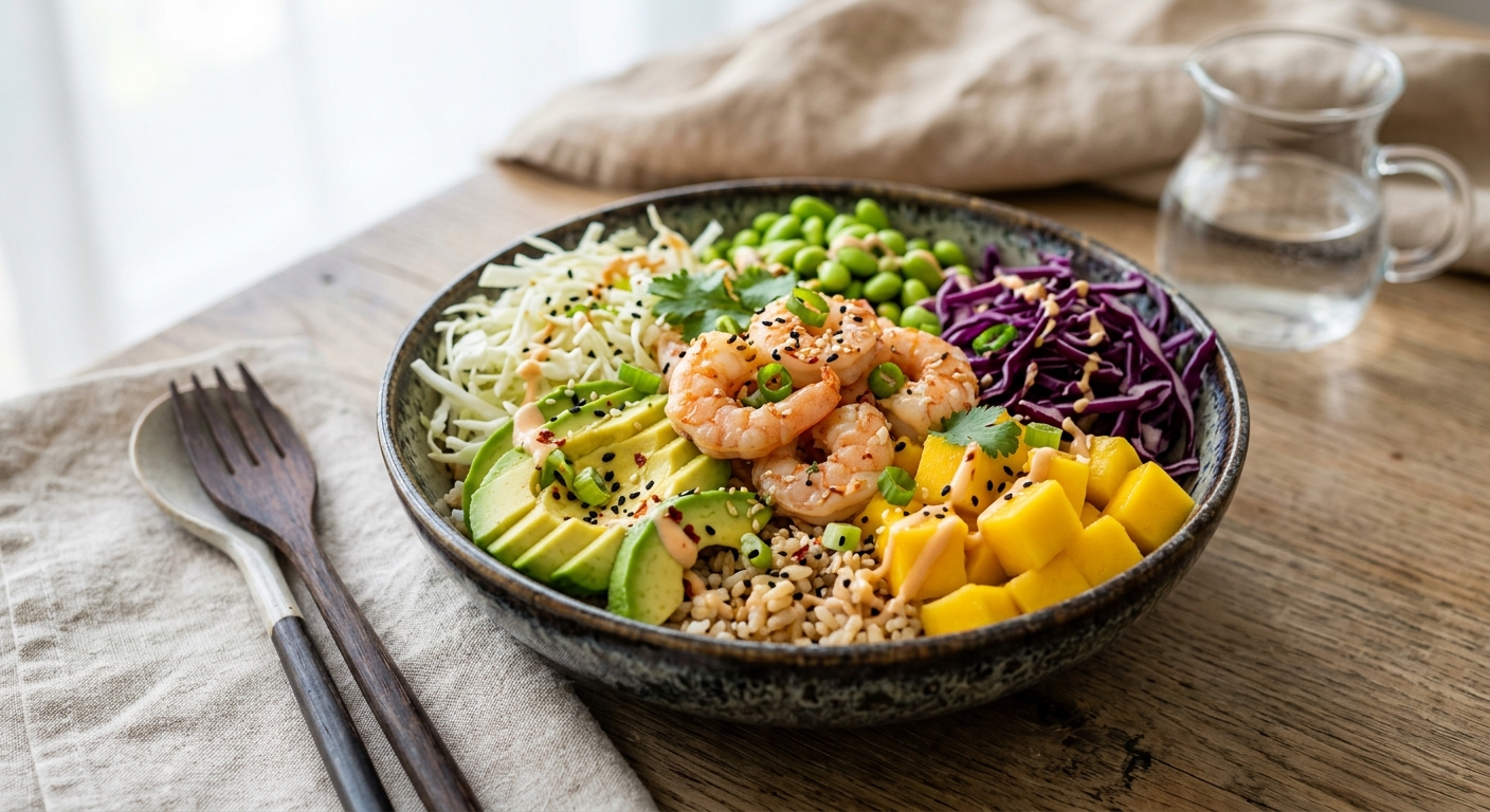 Poke bowl de riz aux crevettes avocat mangue