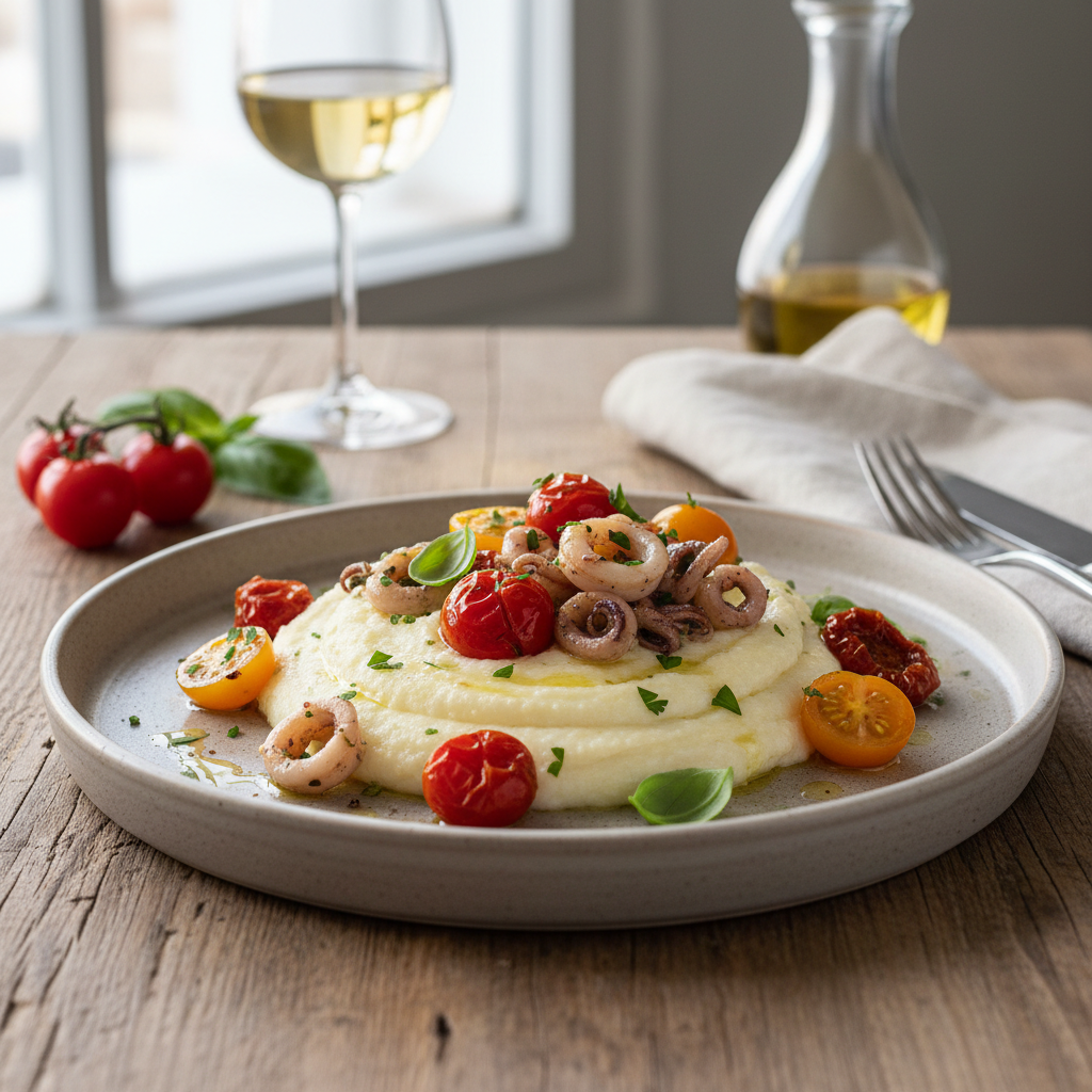 Polenta aux chipirons et petites tomates