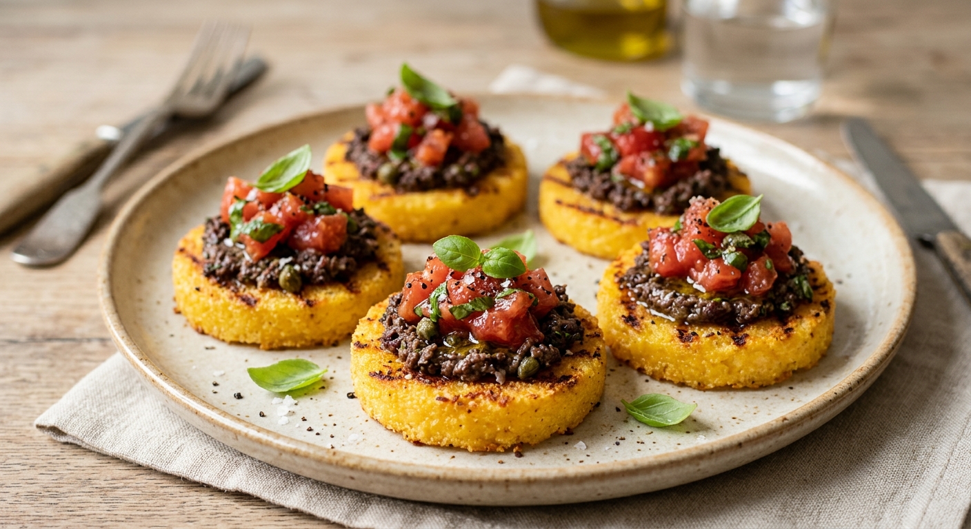Polenta grillée, tapenade, tomate et basilic