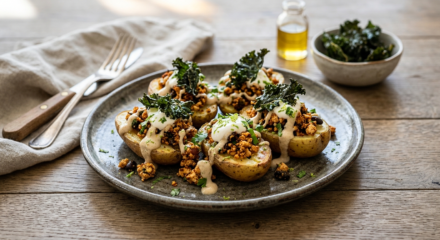 Pommes de terres garnies au tofu, chips de chou kale & crème de soja
