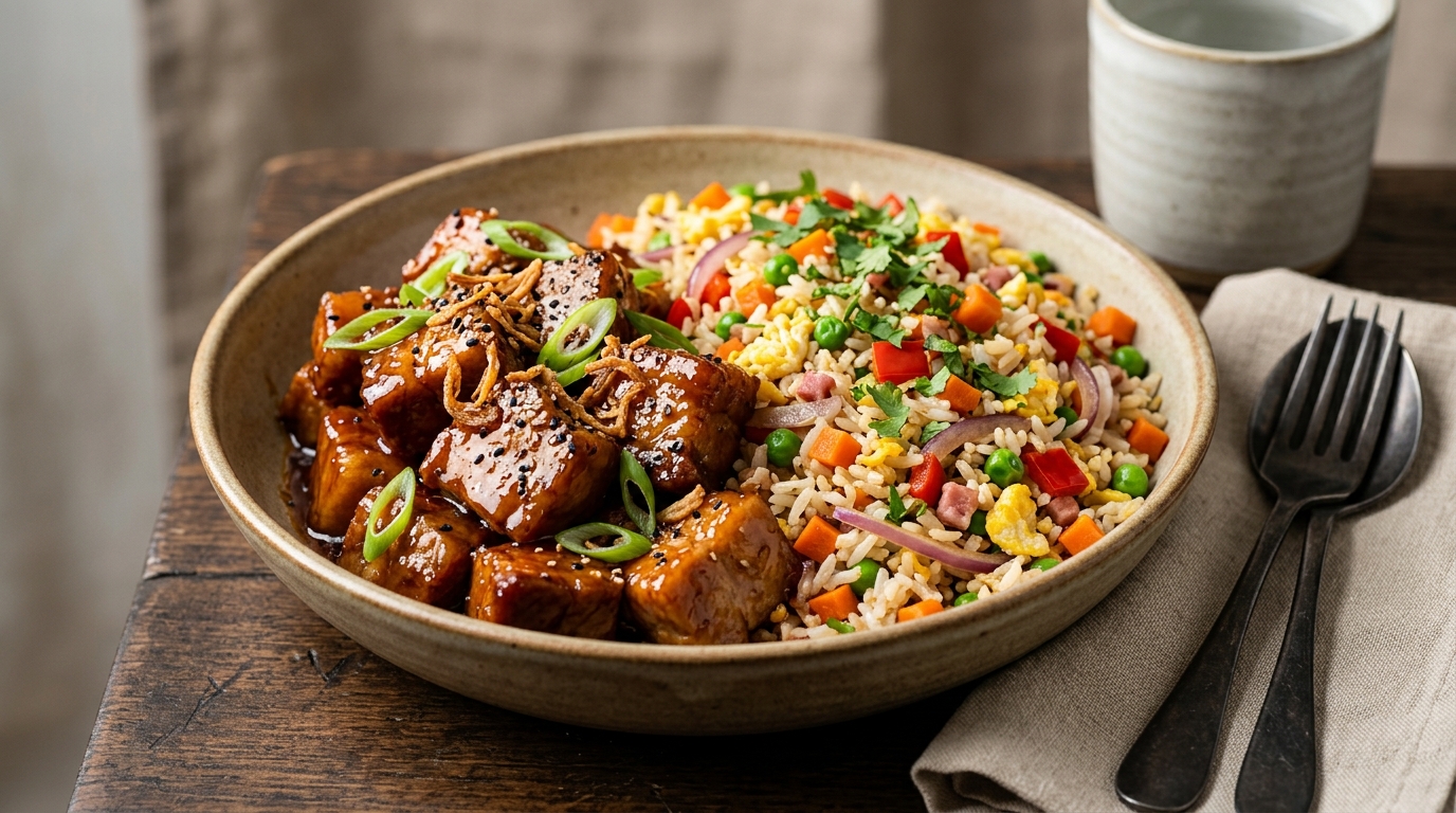 Porc au Caramel et Riz Cantonais