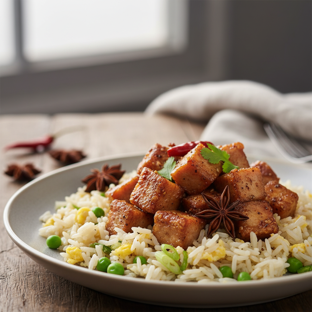 Porc croustillant au cinq-épices chinois et riz cantonais