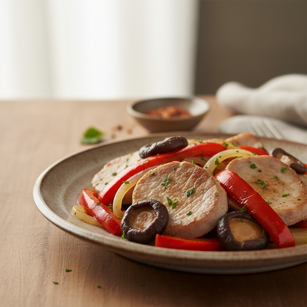Porc double-cuisson aux poivrons