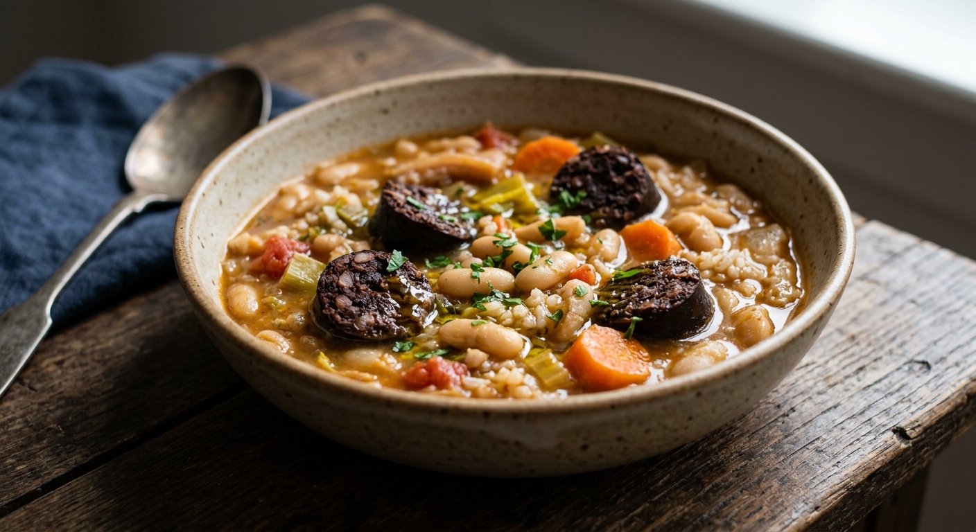 Potaje (plat espagnol avec boudin, couenne, haricots, riz)