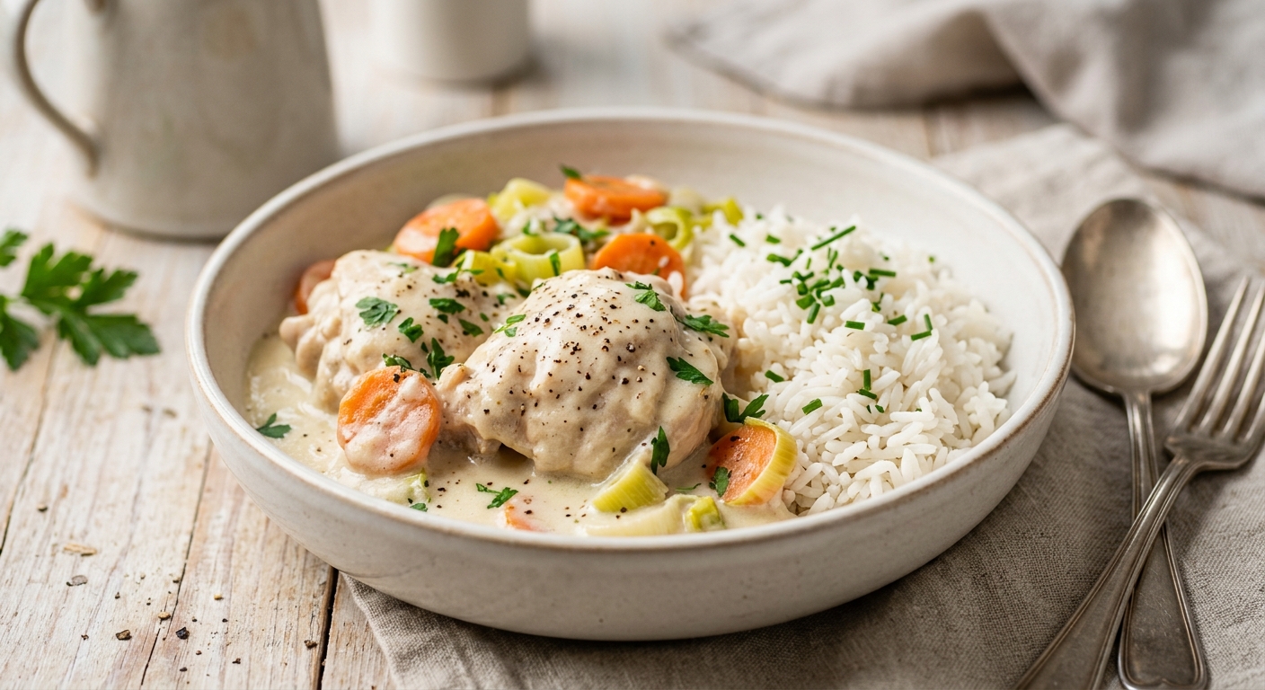 Poule au riz sauce blanche